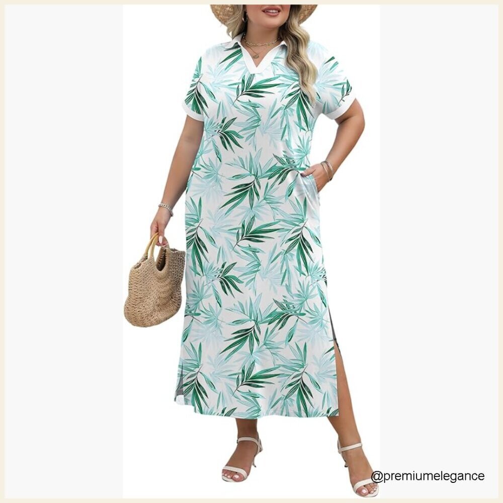 Cotton Maxi Dress with Pockets, V-Neck, Short Sleeve, Split Hem
